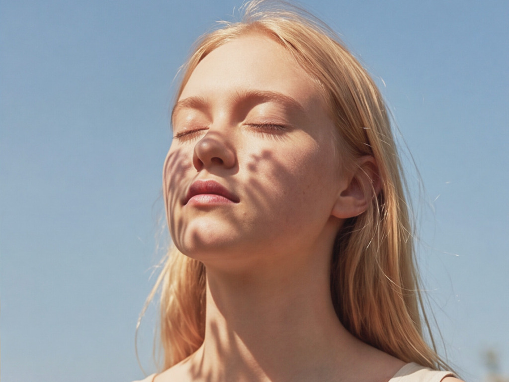 A young blonde woman with her eyes closed turning her face to the sun against a blue sky