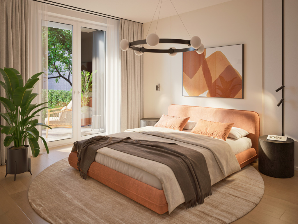 Visualization of a modern bedroom with an orange bed, a circular chandelier and access to the terrace